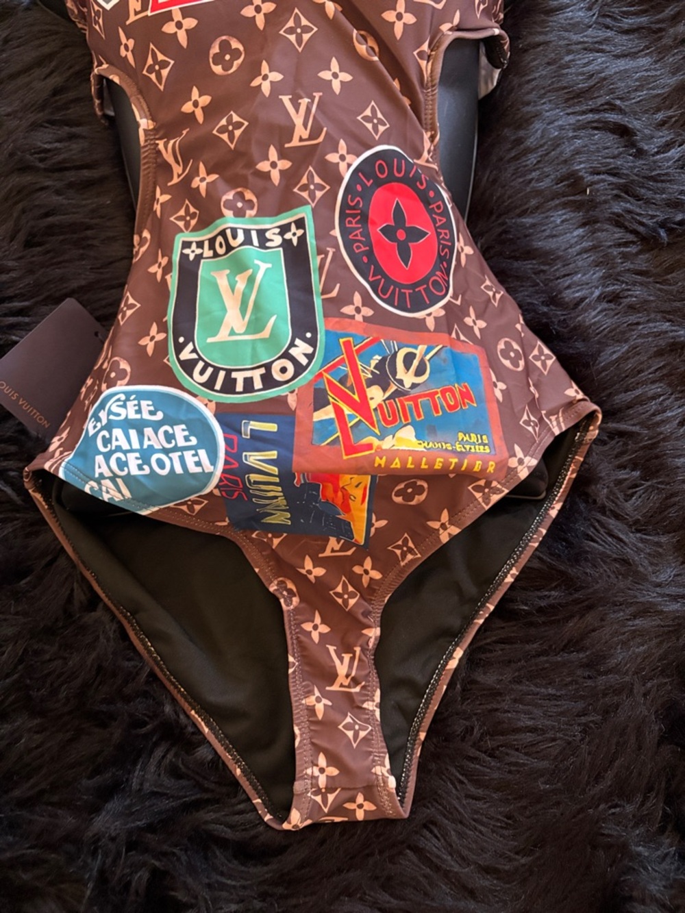Louis Vuitton Brown Monogram One-Piece Swimsuit with Multicolor Travel Patches - Picture 3 of 11